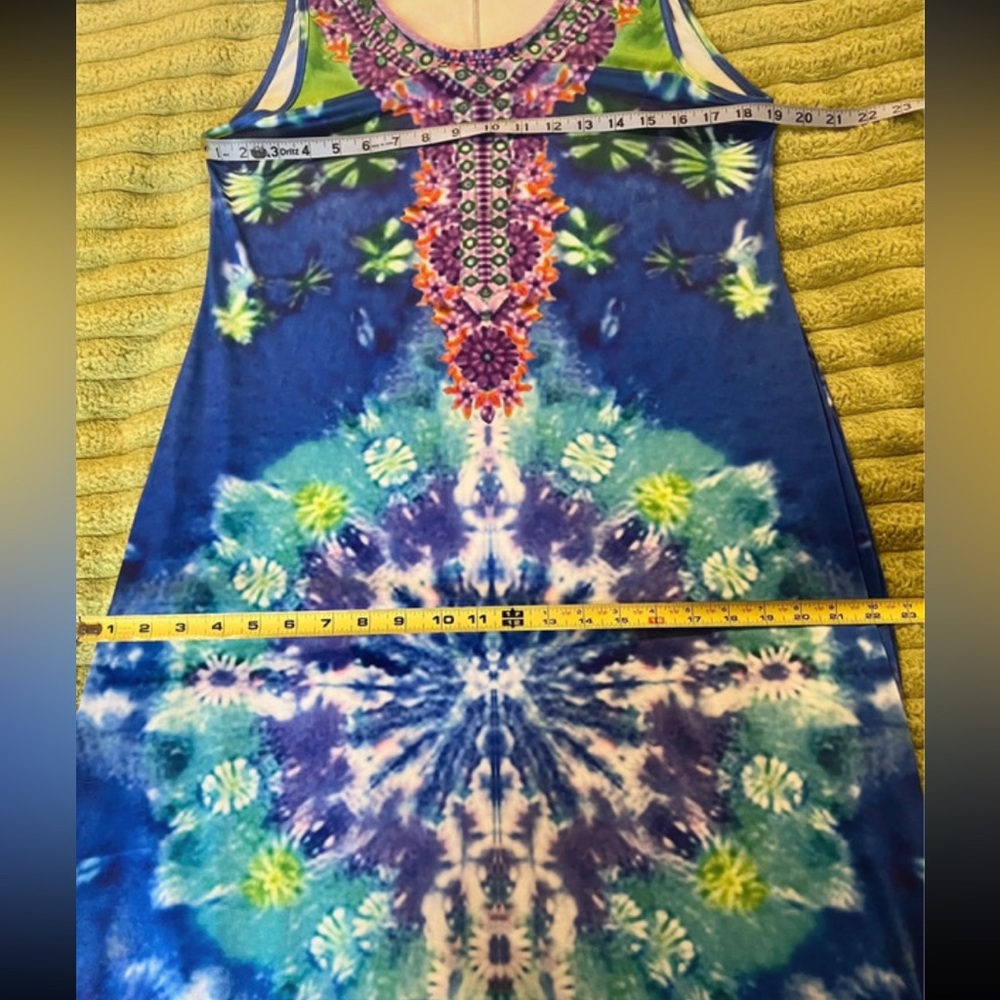 Blue Tropical Boho Maxi Dress Embellished Resort Cruise Vacation M - Picture 5 of 9